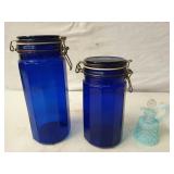 2 cobalt blue glass canisters 8" - 10"; 4.5" cruet