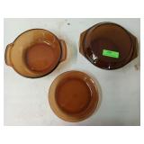 Amber glass bowl w/ lid, bowl, pie plate