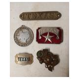 Asst Texas memorabilia: belt buckles, brass items