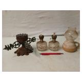 3 asst lamps, cast iron candle holder, 6 brass