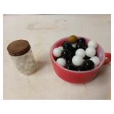 Fire King soup bowl full of marbles, small glass