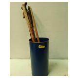 4 walking canes / sticks, golf club, golf balls