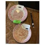 Red and white china saucer and bread plate