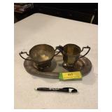 Nickel silver creamer, sugar with tray