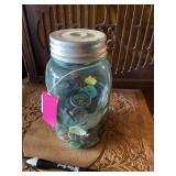 Blue ball jar with porcelain lid and assorted
