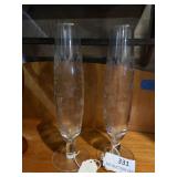 Etched floral stemmed glass bud vase set of two 9