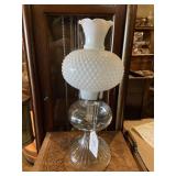 Oil lamp with Fenton hobnail milk glass chimney