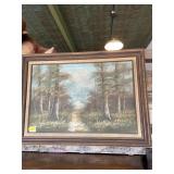 Large oil painting  path in woods  wood frame