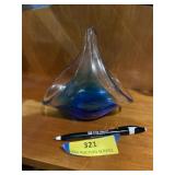 Blue blown glass folded kerchief dish