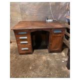 Old wood desk, five drawers, one door and one