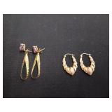 2 pairs of gold earrings; 14 karat gold and