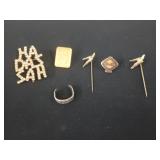 Asst pins, one is 14 K, toe ring