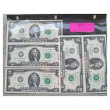 5 consecutively numbered $2 bills series 2017 A