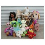 Asst stuffed animals, dolls, wicker doll chair