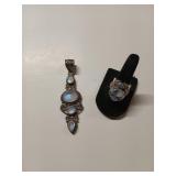 Sterling silver and moonstone pendant and ring