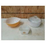 CorningWare dish with lid, and Pyrex mixing