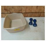 Tan Bucket with two 3 lb hand weights