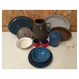Assorted enamel dishes, not all pieces match