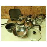 Laundry basket of assorted pots and pans,