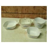 4 pieces CorningWare, 1 lid; medium has chip