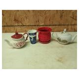 Spode travel mug, Pioneer woman planter, 2 teapots