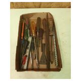 Flat of tools, mostly screwdrivers