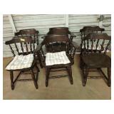 6 wooden dining chairs, 2 are Captain