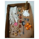 Silver spoon, asst pins, brass bell, other