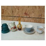 Glass insulator, asst cups, vase, pepper shaker