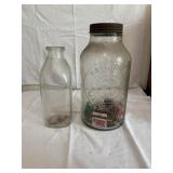 Vintage glass milk bottle and a glass  jar from
