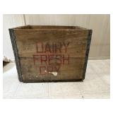 Vintage dairy crate; wooden with metal edging,