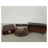 Antique cast iron sad iron, decorative wood boxes