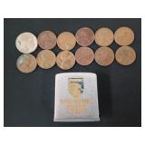 11 wheat pennies, Buffalo nickel, Zippo tape