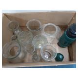 Large box of glass vases, Aladdin thermos, and