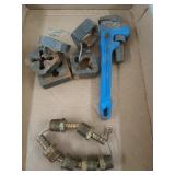 10" Kobalt pipe wrench, NPT dies, brass barbs