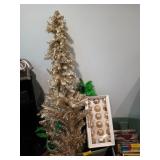Vintage aluminum Christmas tree, ornaments, rug