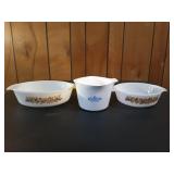 2 fire King dishes, Pyrex 4 cup measuring bowl