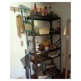 5 tier metal shelf with contents, bottom shelf