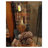 4 pc fireplace tool set, basket of pine cones