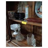 Two shelves glassware, decanter, Ruby red,