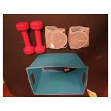 Hand weights, leg weights in plastic tub