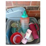 3 plastic tubs, 1 lid & assorted kitchen wares