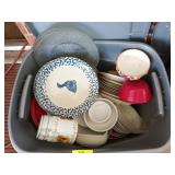 Plastic tub with lid and assorted dishes
