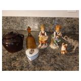 Grease pot, glass bell, porcelain figurines, sugar