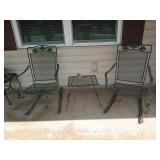 3 pc wrought iron patio rockers and table