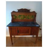 Antique wash stand w/ slate top & tile back;