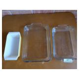 Pyrex loaf pan, 2 anchor Hocking casserole dishes