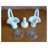 3 pcs milk glass, 2 flower frogs