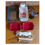 3 metal loaf pans, small glazed stoneware