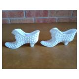 2 Fenton milk glass hobnail shoes